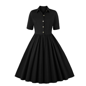 Robe rétro noire à manches courtes évasée avec col à revers et boutons élégants