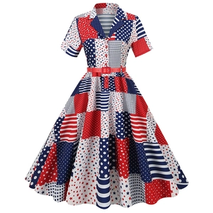 Vintage high waist A-line dress with American flag star and stripe print and red belt