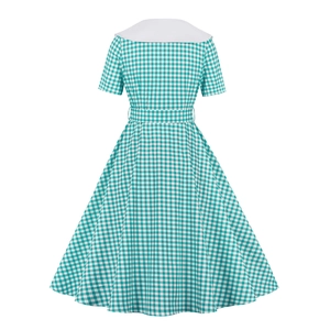 Back view of a vintage green gingham Barbie style dress with large white Peter Pan collar