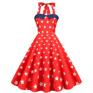 Women Retro Halter A-Line Dress Star Print Hepburn Style Backless Party Cocktail Midi Dress With Bow Tie Neck