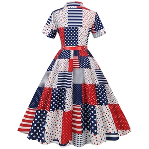 Detail view of American flag print vintage A-line dress back with red waist belt