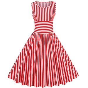Vintage Red And White Striped Sleeveless Round Neck A-Line Swing Midi Dress Cotton Blend Summer Casual Party Women Dress
