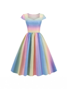 Robe Trapèze Style Hepburn Vintage pour Femme Dégradé Arc-en-ciel Manches Courtes Col Rond Plissée Swing Robe Midi Décontractée