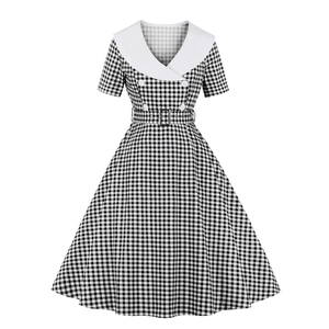 Vintage black and white plaid Barbie cosplay dress with sailor collar and belt