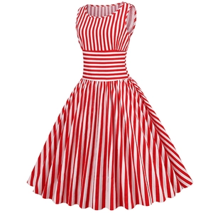 Vintage sleeveless A-line dress with red and white stripes and a slim waist design
