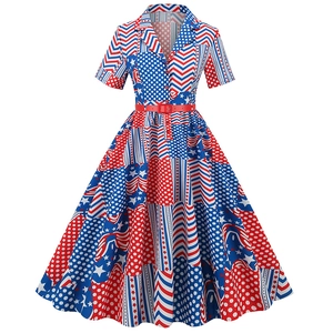 Vintage high waist A-line dress with American flag stars and stripes print and red belt