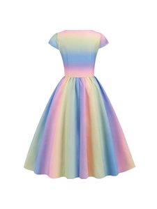 Robe ligne A vintage dégradé arc-en-ciel à manches courtes avec taille ajustée