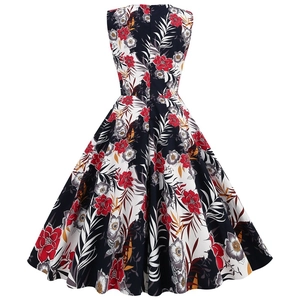 Detailed back view of vintage floral sleeveless dress with A-line cut and hidden zipper