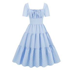 Vintage Polka Dot Square Neck Short Sleeve Midi Dress For Women High Waist Tiered Cake Skirt Summer A-Line Party Dress