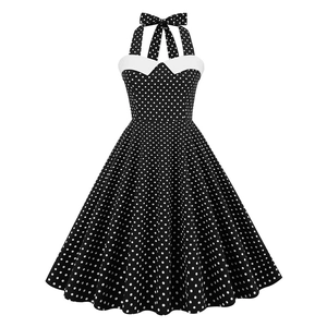 Abito vintage allacciato al collo a pois bianchi e neri con gonna a ruota ampia