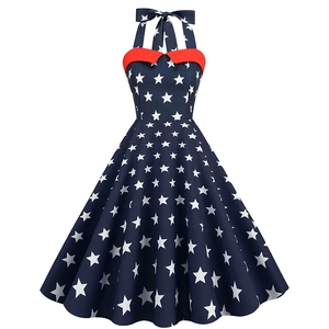 Retro halter dress with US flag star pattern and red wavy neckline on white background