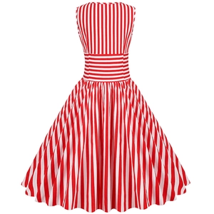 Vintage sleeveless red and white striped A-line dress with high waist design