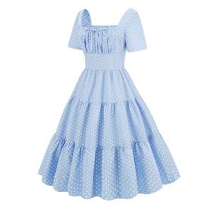 Sky blue polka dot dress with square neck and tiered cake skirt in retro style