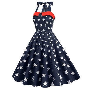 Vintage 1950s halter neck dress with US flag stars and stripes pattern in retro style