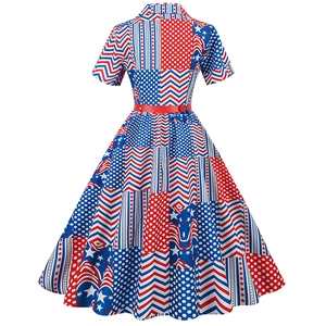 Close-up of the back view of a vintage dress featuring patriotic American flag patterns