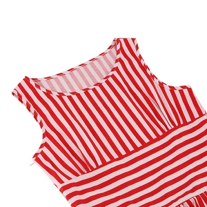 Vintage sleeveless striped A-line dress featuring red and white patterns and side zipper