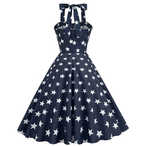 Retro halter dress with American flag star print and flared A-line silhouette