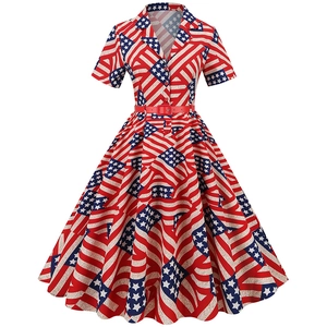 Detail of vintage high-waisted dress with US flag print and red decorative belt