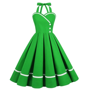 Vintage 1950s green halter dress with white trim and flared A-line pleated skirt