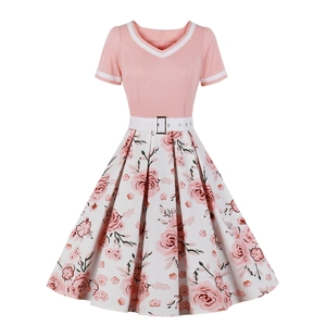 Vintage Women Rockabilly A-Line Dress Short Sleeve V-Neck Polka Dot Floral Print Retro Midi Swing Party Dress And Belt