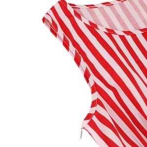 Sleeveless red and white striped vintage swing dress with a concealed side zipper