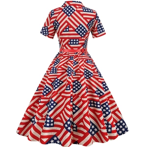 Detail of high-waist vintage A-line dress with American flag stars and stripes print