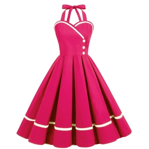 Retro 1950s rose red halter dress with a large swing skirt and white button accents