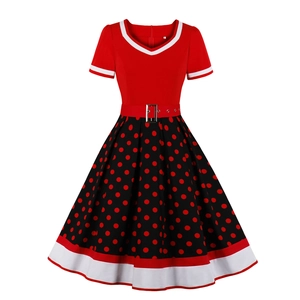 Vintage V-neck polka dot dress with A-line skirt and red waist belt on white background