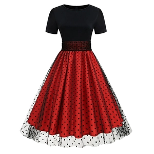 Vintage Audrey Hepburn style round neck short sleeve polka dot mesh patchwork dress