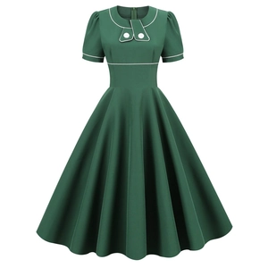 Robe Midi Style Hepburn Vintage Années 1950 pour Femmes Manches Courtes Bordure Contrastée Col Rond Trapèze Évasée