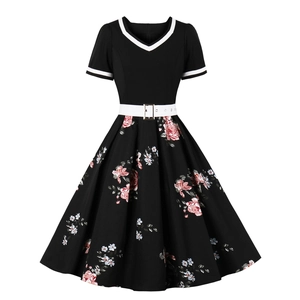 Vintage black V-neck A-line dress with floral print and white waist belt detailing