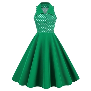 Vintage Hepburn Style Sleeveless Lapel Polka Dot Green Midi Dress Women Cotton Blend A-Line Swing Party Cocktail Dress