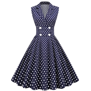 Women's Vintage Hepburn Style Sleeveless Lapel Double Breasted Polka Dot Midi Dress Elegant Cotton Blend A-Line Skirt Party Dress