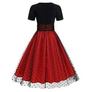 Detail of vintage Audrey Hepburn style dress with polka dot mesh and red lining back view