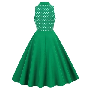 Vintage green sleeveless polka dot dress with lapel collar and A-line swing skirt