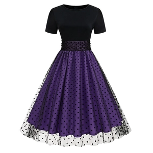 Vintage Audrey Hepburn style polka dot mesh patchwork dress with A-line skirt