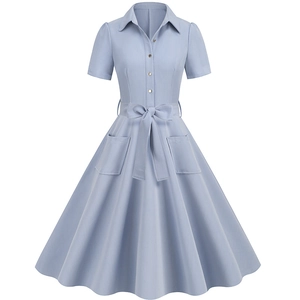 Short sleeve light blue shirt dress with a waist belt and big A-line flare skirt