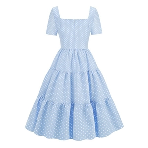 Vintage light blue polka dot short sleeve tiered maxi dress with square neck and back zipper