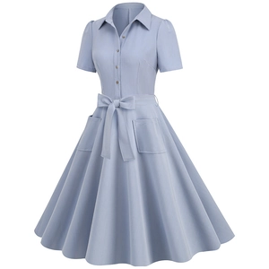 Detail of light blue vintage short sleeve dress showing lapel collar and waist bow tie