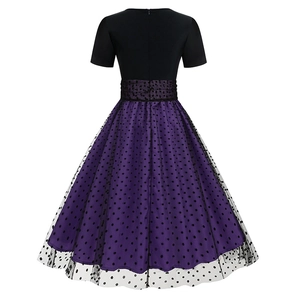 Detail of vintage polka dot mesh overlay and purple umbrella skirt back view