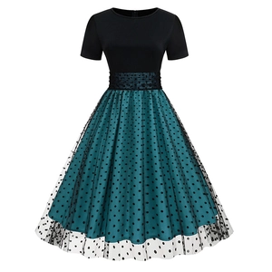 Retro round neck short sleeve polka dot patchwork dress with mesh layer in black and teal