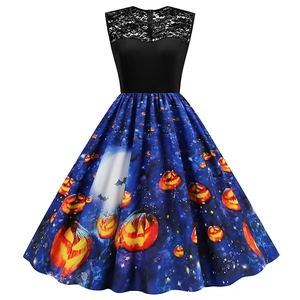 Halloween sleeveless vintage dress with lace patchwork and starry pumpkin print