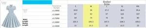 Detailed size chart for women's button-down dress from S to XXL with exact measurements