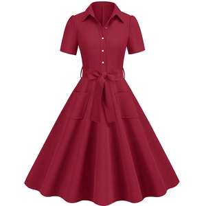 Women Retro Vintage Shirt Dress Short Sleeve Lapel Button Up Flare A-Line Midi Dress With Belt Pockets Cotton Blend