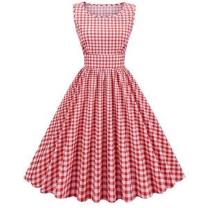 Women Vintage Gingham Sleeveless A-Line Midi Dress Retro Round Neck Flare Rockabilly Party Dress Cotton Blend Sundress