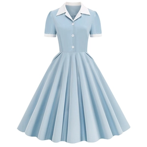 Short sleeve light blue vintage A-line dress with white contrast collar and buttons