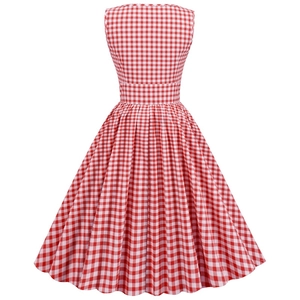 Back view of a vintage 1950s red and white gingham sleeveless swing dress for women