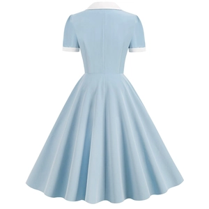 Vintage light blue short sleeve dress with white collar and lapel back view