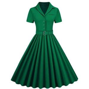 Detail view of dark green vintage midi dress with lapel collar and belted waist design