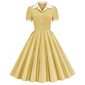 Women Vintage 50s Hepburn Style Cotton Blend Midi Dress Contrast Lapel Short Sleeve Button A-Line Big Swing Pleated Retro Dress